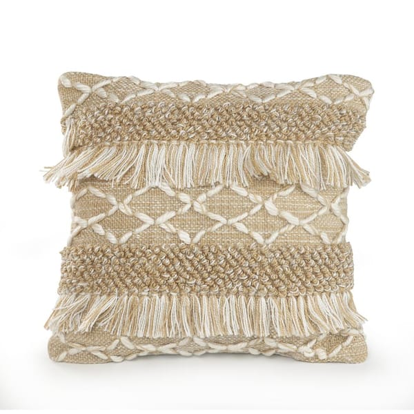 Unbranded Rustic Beige / White Neutral 20 in. x 20 in. Fringe Geometric Standard Indoor/Outdoor Throw Pillow