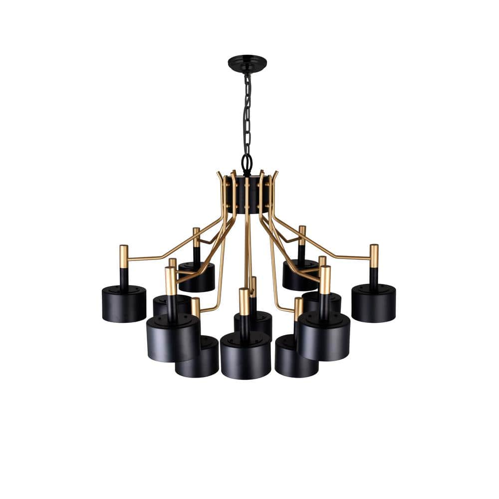 Matte Black and Satin Gold 12-Light Metal Chandelier