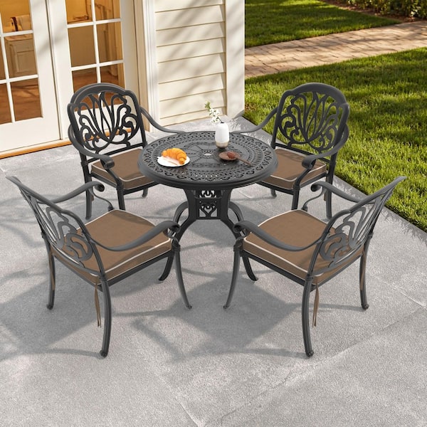 Willit Elizabeth Black 5-Piece Cast Aluminum Outdoor Dining Set with Round Table, Dining Chairs and Random Color Seat Cushion