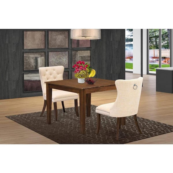 East West Furniture 3-Piece Antique Walnut Finish Square Solid Wood Top Dining Table Set