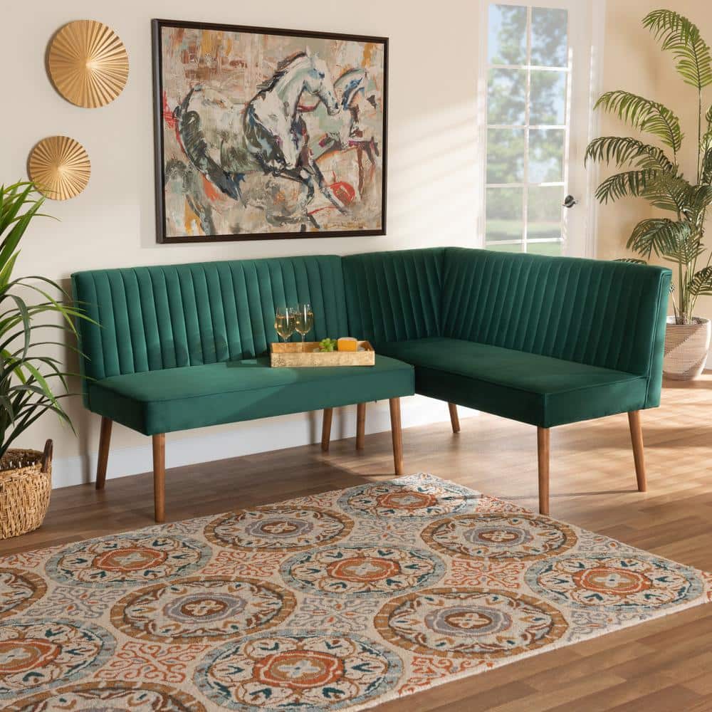 Emerald Green Velvet and Walnut Wood 2-Piece Dining Nook Set