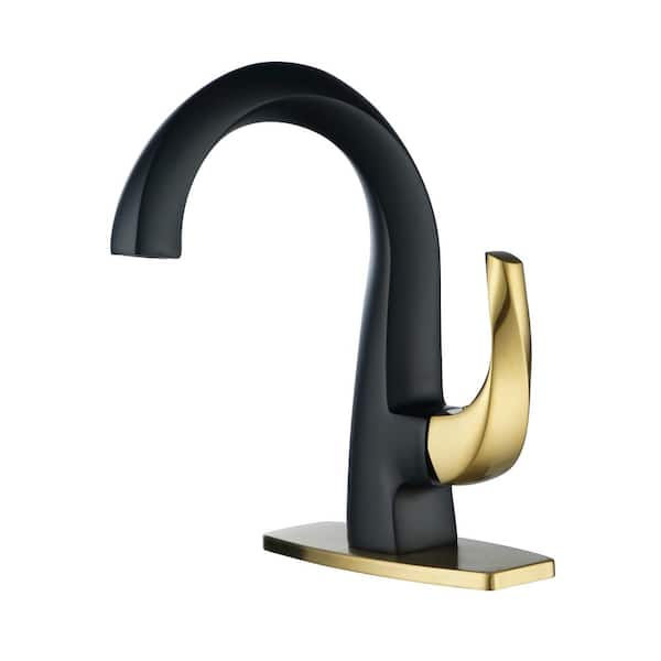 IVIGA Solid Brass 4-in Single Handle High Arc Bathroom Faucet with Deckplate and Drain Kit Included in Black and Gold