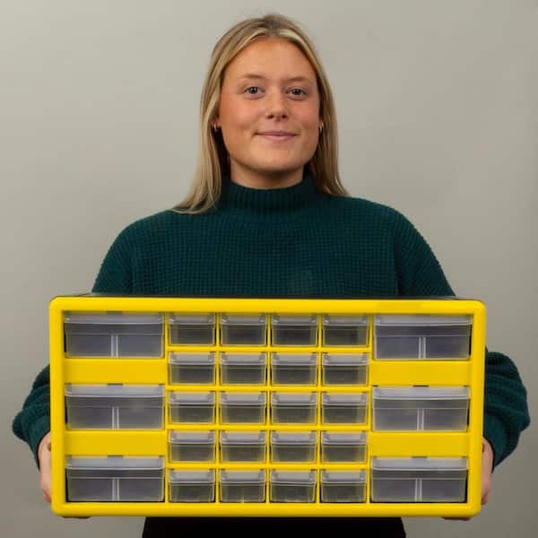 26-Compartment Drawer Small Parts Organizer Hardware Storage, 20 in. W x 6 3/8 in. D x 10 1/4 in. H, Yellow (1-Pack)