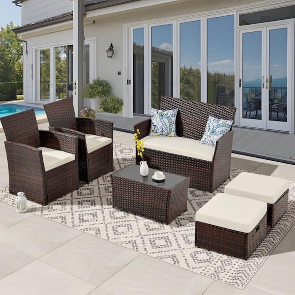 MIRAFIT Brown Wicker 6-Piece Outdoor Sectional Set with Beige Cushions