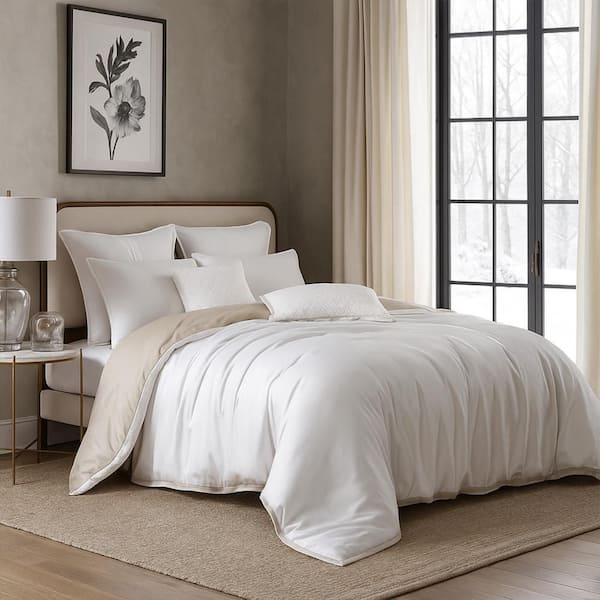 Keo Ivory Solid Queen Size Cotton Comforter Set and Reversible and Shams