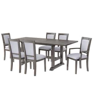 Brown 7-Piece Wood Extendable Table with Upholstered Side Chair and Arm Chair Outdoor Dining Set with Gray Cushion