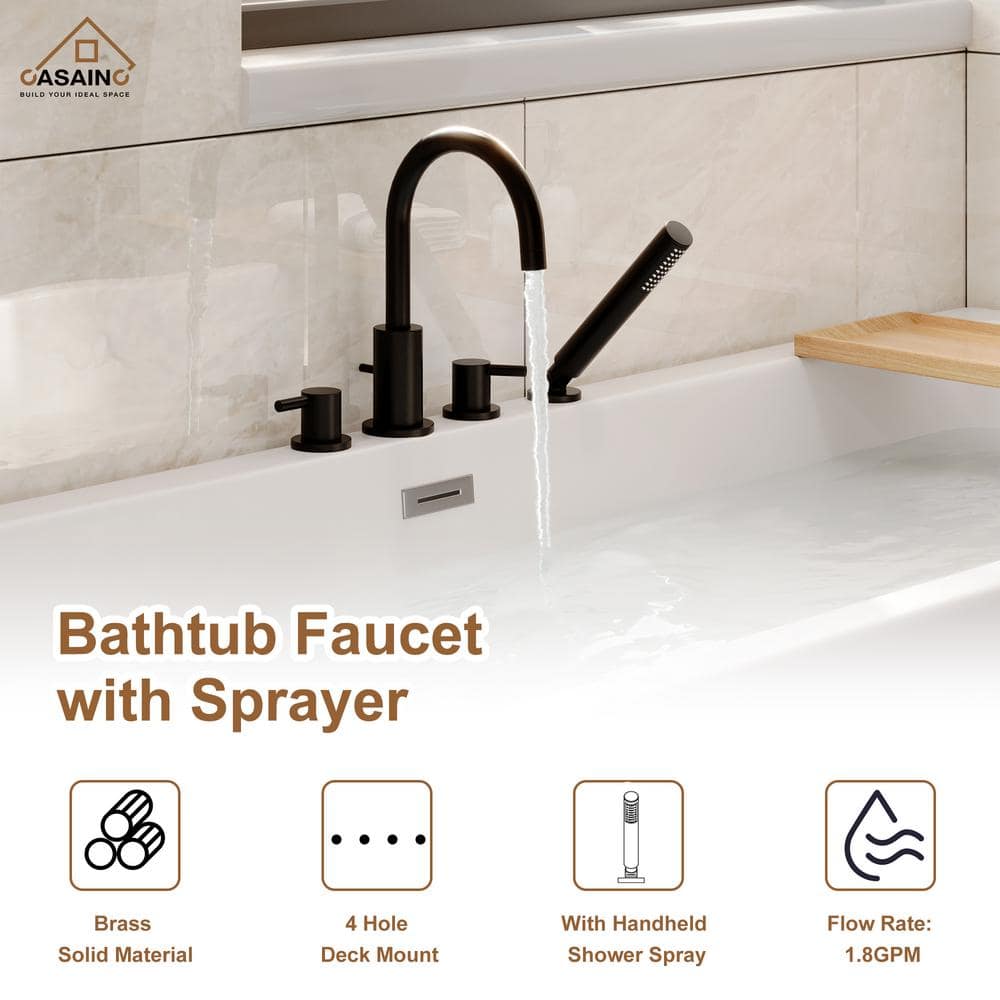 Matte Black Double Handle Deck-Mount Tub Faucet with Hand Shower
