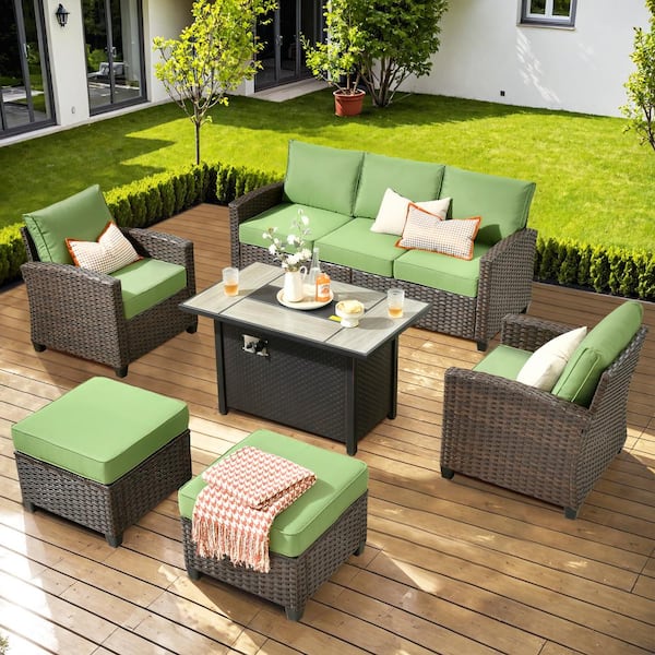 Toject Palermo Brown 6-Piece Wicker Outdoor Modular Patio Furniture Sofa Set with Metal Fire Pit and Green Cushions