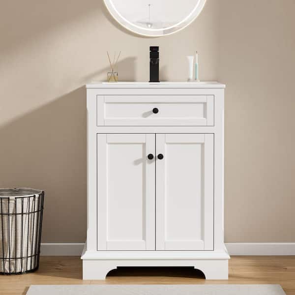 24 in. W x 18.7 in. D x 34 in. H 1-Sink Freestanding Bath Vanity in White With White Ceramic Top and Drain Faucet Set