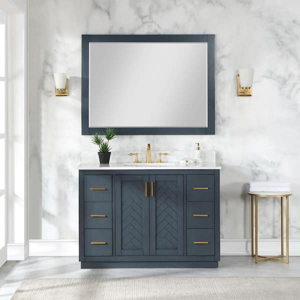 Altair Gazsi 48 in. W x 22 in. D x 34 in. H Single Sink Bath Vanity in Charcoal Blue with White Composite Stone Top and Mirror
