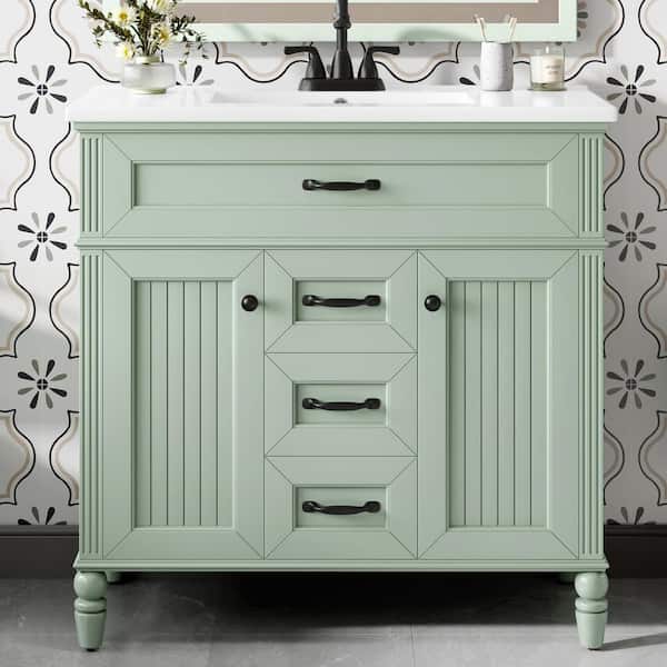 36 in. Freestanding Green Bath Vanity with White Ceramic Top 3 Drawers and Adjustable Shelf