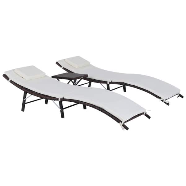 FORCLOVER Brown Frame PE Rattan Wicker Outdoor Chaise Lounge Patio Chair Set with Cream White Cushions