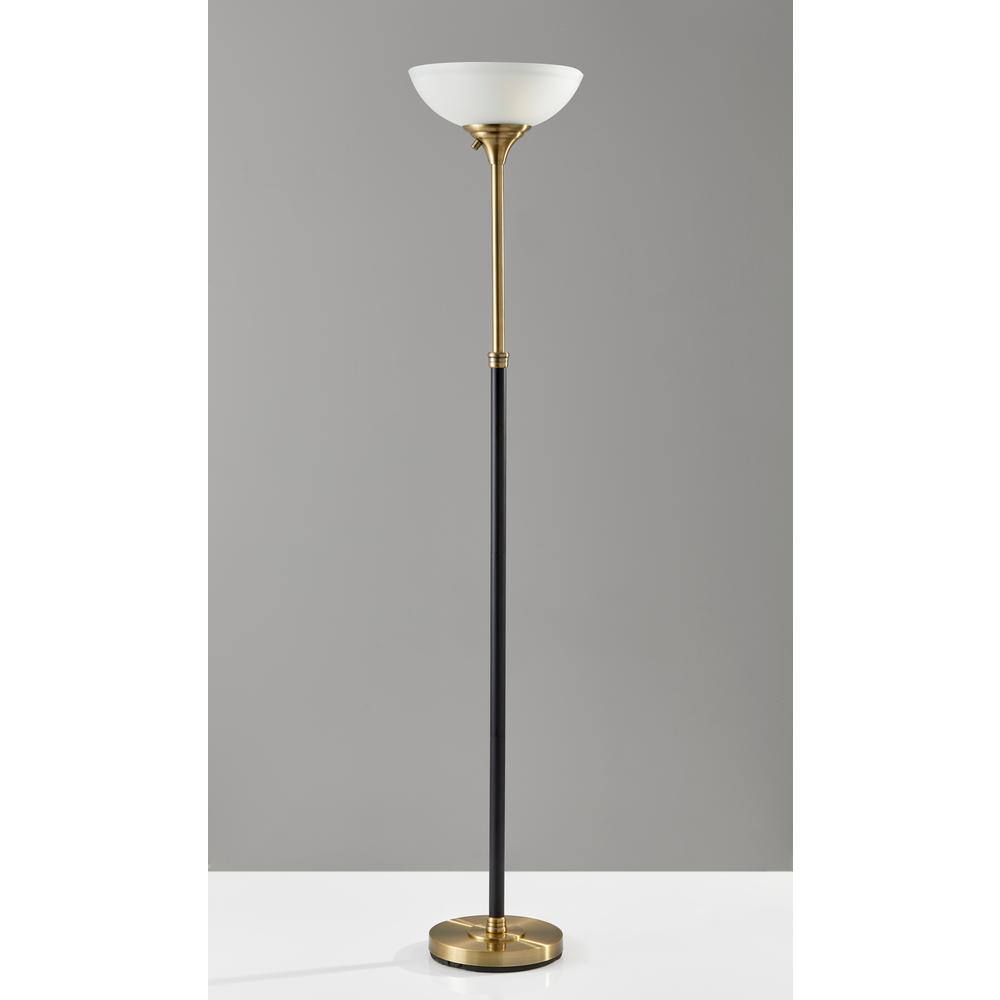 71" Black and Antique Brass Torchiere Floor Lamp with Frosted Glass Shade