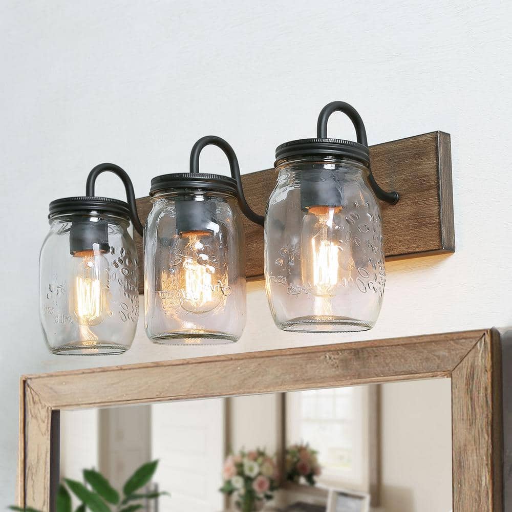 Lnc Farmhouse Bathroom Vanity Light 3 Light Dimmable Powder Room Wall Sconce With Faux Wood Accents Clear Mason Jar Shades Ir2irzhd13551p6 The Home Depot