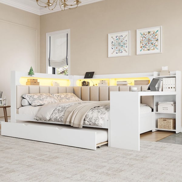 White Full Daybed with Storage Shelves,Trundle, Charging Station, LED Light, Desk and Upholstered Headboard and Backrest