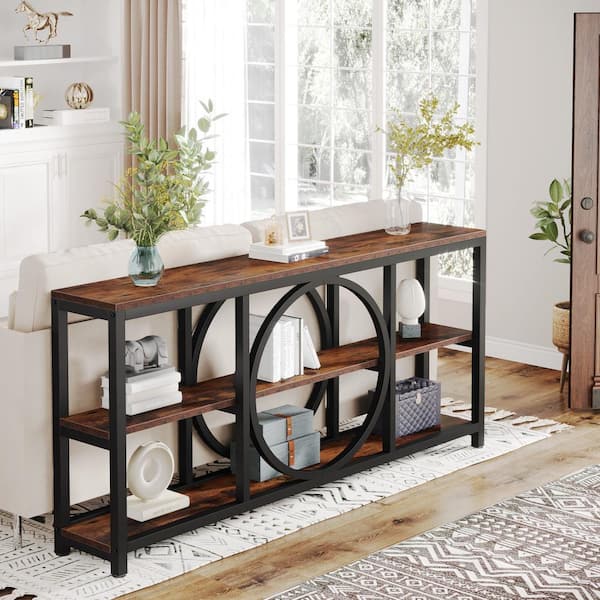 BYBLIGHT Turrella 70.9 in. Brown Rectangle Wood Console Table with 3 Storage Shelves
