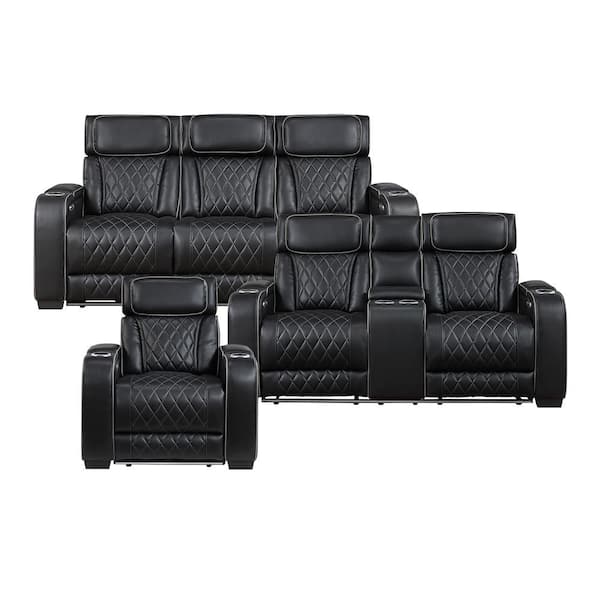 Clumber 84 in. W Pillow Top Arm Faux Leather Rectangle 3-Piece Power Double Reclining Sofa Set in Black