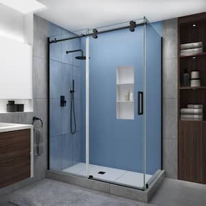 Langham XL 44-48 in. x 30 in. x 80 in. Sliding Frameless Shower Enclosure StarCast Clear Glass in Matte Black Right