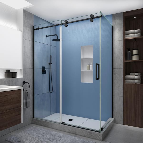 Aston Langham XL 64-68 in. x 38 in. x 80 in. Sliding Frameless Shower Enclosure StarCast Clear Glass in Matte Black Right