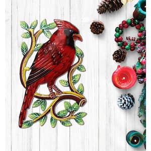 Indoor/Outdoor Cardinal Bird on Branch Painted Haitian Steel Drum Wall Art