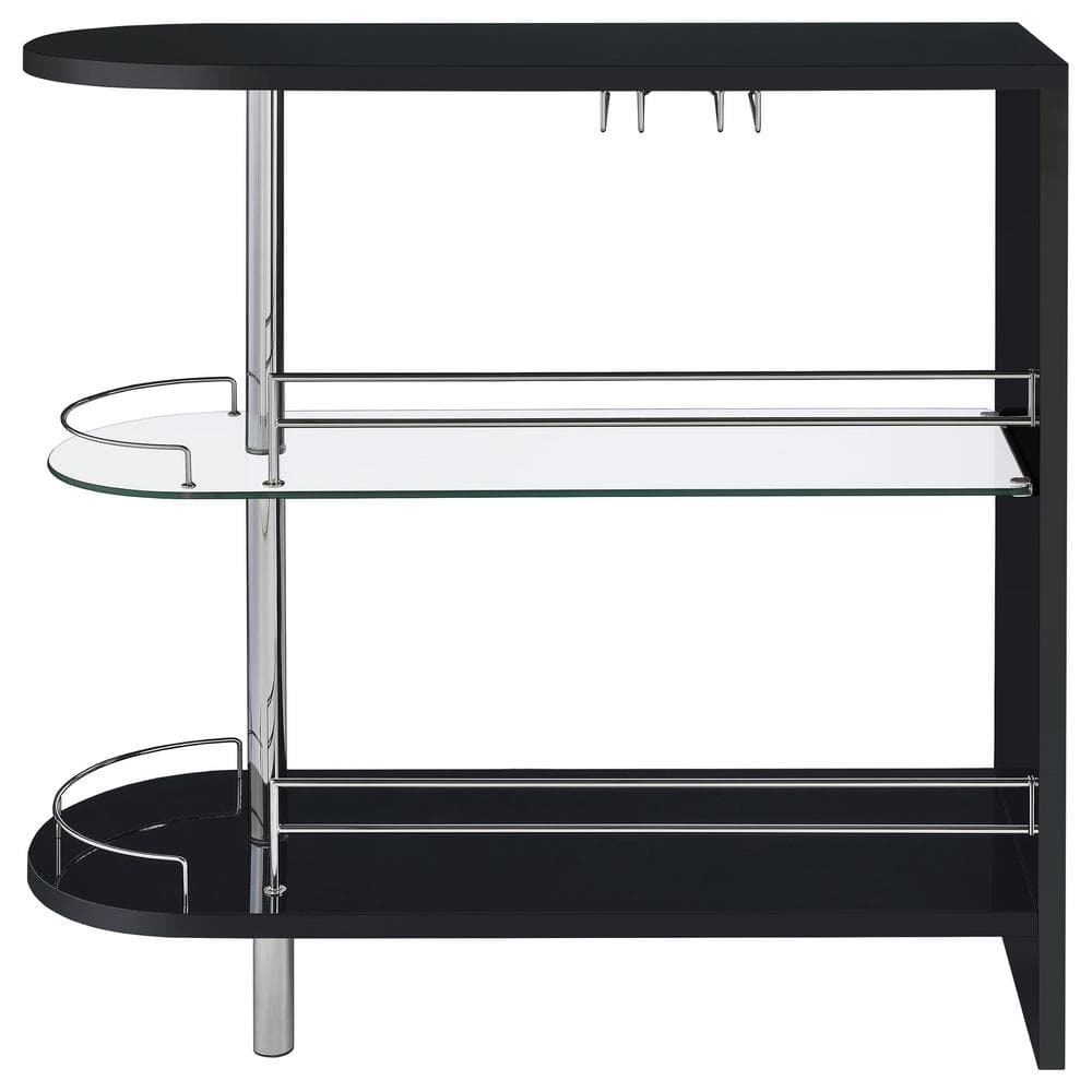 Contemporary Glossy Black Glass-Top Bar Table with Stemware Storage