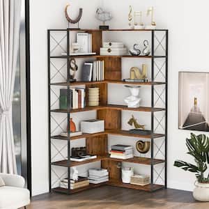 70.9 in. Brown 7-Tier L-Shaped Corner Bookcase with Metal Frame