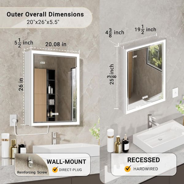 Anglora 20 in. W x 26 in. H LED Beveled Edge Rectangular Aluminum Recessed/Surface Wall Medicine Cabinet with Mirror