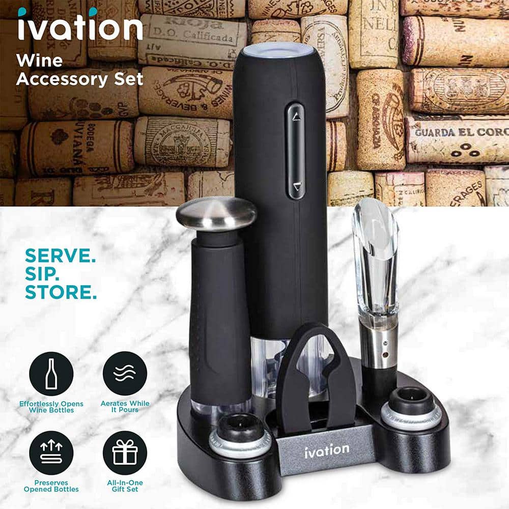 Ivation Black Stainless Steel 7-Piece Electric Wine Opener Set