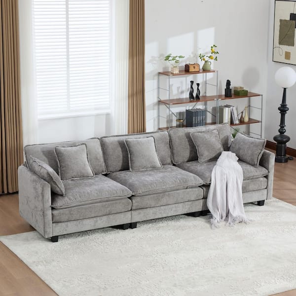 Roan 113.8 in. W Rectangle Round Arms Chenille Modern Sectional Sofa in Gray