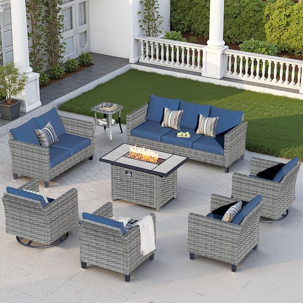 OVIOS New Star Gray 8-Piece Wicker Patio Rectangle Fire Pit Conversation Seating Set with Blue Cushions and Swivel Chairs