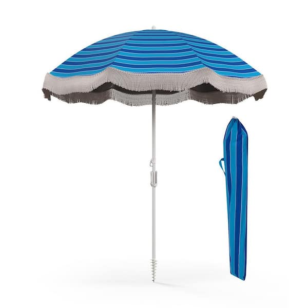 Unbranded 6.5 ft. Metal Beach Umbrella in Navy Blue with Fringe and Push Button Tilt