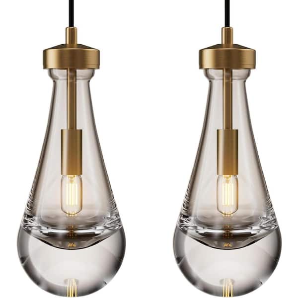 YUYI 1-Light Modern Gold Chandelier, Pendant Light Kitchen Island with Raindrop Glass Shade (2-Sets)