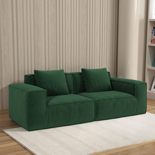 86.6 in. W Square Arm Corduroy Rectangle Modular Sofa in Green with 2 Pillows, Compressed and No Assembly