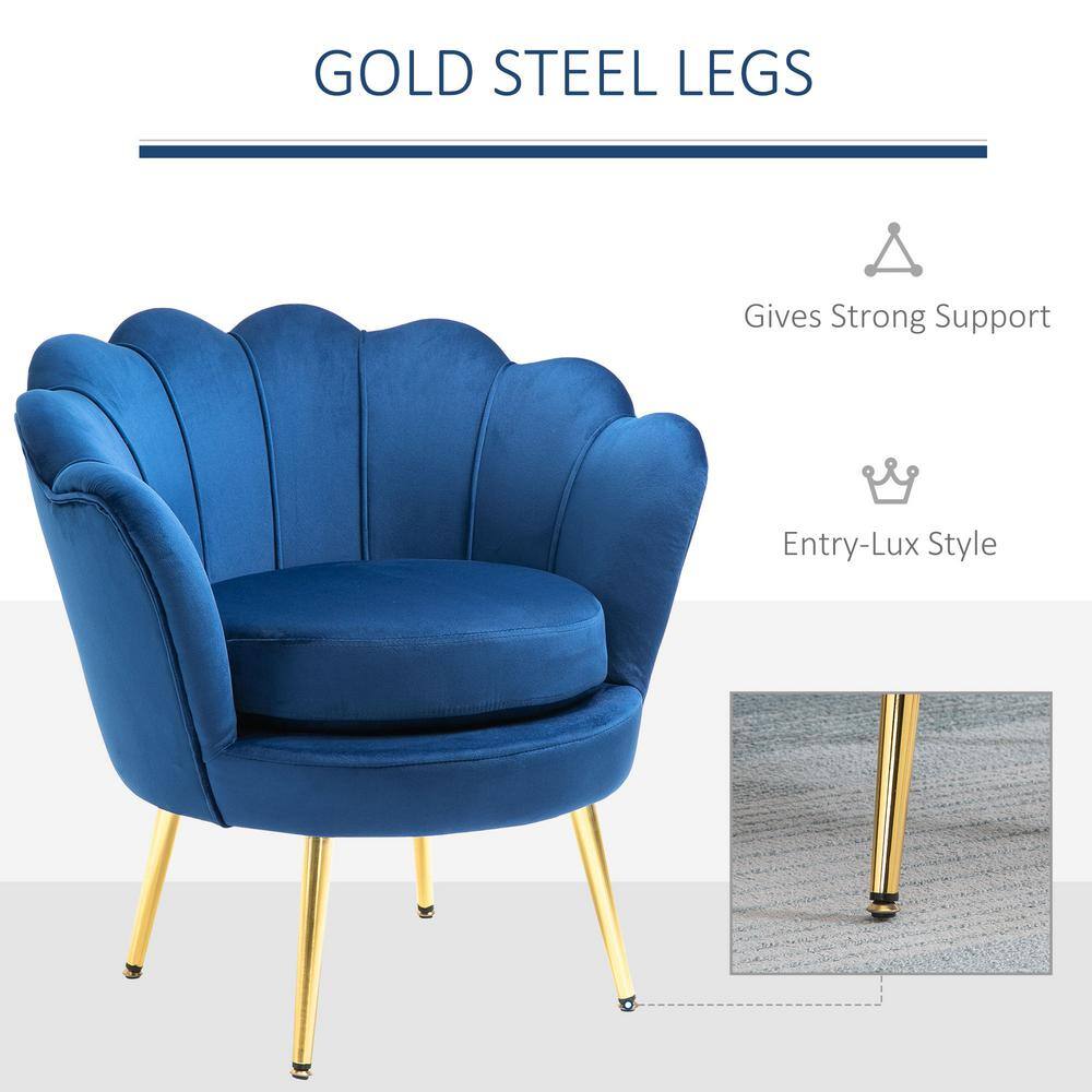 Elegant Lotus Blue Velvet Accent Chair with Gold Metal Legs