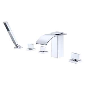 Modern Triple Handle Tub Deck Mount Roman Tub Faucet with Hand Shower in Chrome