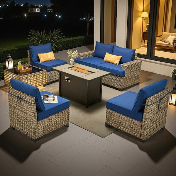 Silvae Gray Wicker 7-Piece Outdoor Patio Furniture Set in Patio Conversation Set with Fire Pit Table&Navy Blue Cushion