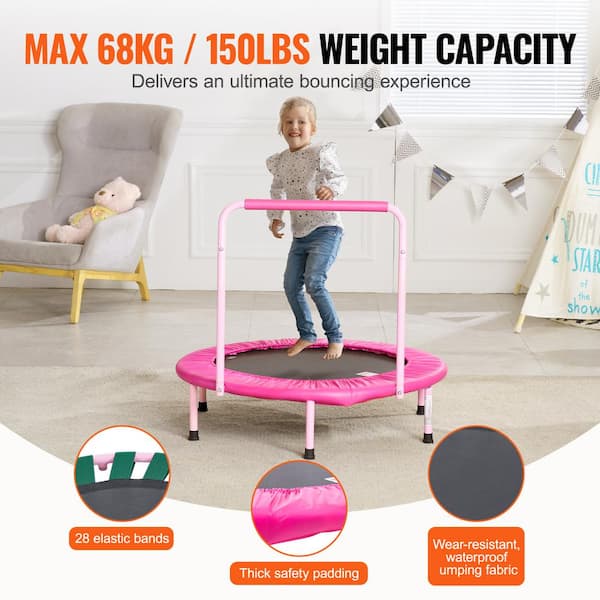 Peuter Trampoline met afneembaar handvat voor kinderen, 91,4 cm opvouwbare mini-trampoline 58,4 cm tot 81,3 cm in hoogte verstelbaar, maximale belasting 99,8 kg, geluidsvrij/duurzaam stalen