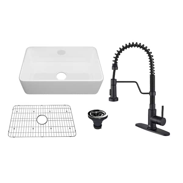 All-in-1 30 in. Farmhouse/Apron-Front Single Bowl Fireclay Kitchen Sink with Faucet, Bottom Grid, and Basket Strainer