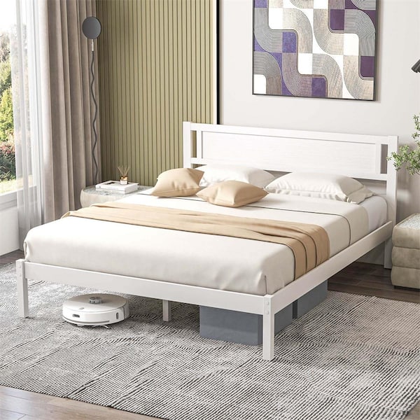 Costway White Wood Frame Queen Platform Bed with Storage