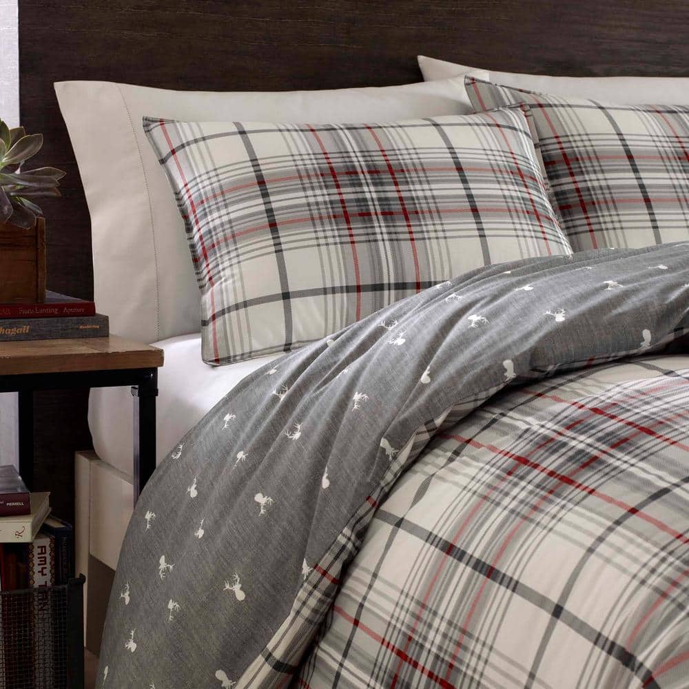 Full Gray Cotton Reversible Plaid Comforter Set