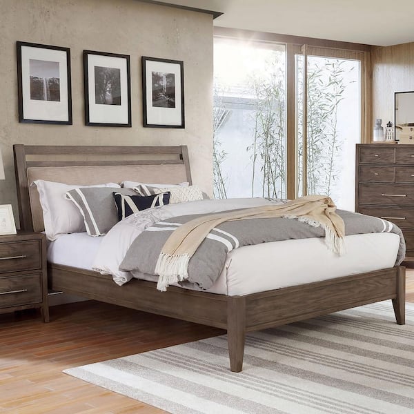 Furniture of America Forest Garden Warm Gray Wood Frame California King Platform Bed with Padded Headboard