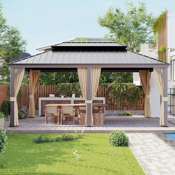 12 ft. x 20 ft. Aluminum Outdoor Double Galvanized Steel Roof Gazebo with Ceiling Hook, Mosquito Netting and Curtains