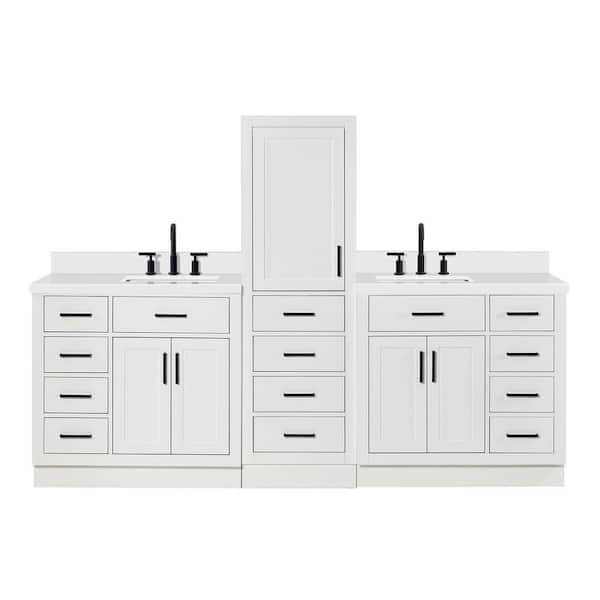 Hepburn 3-Piece 94 in. Wide Double Sink Bath Vanity And Linen Cabinet Set In White With Pure White Quartz Top