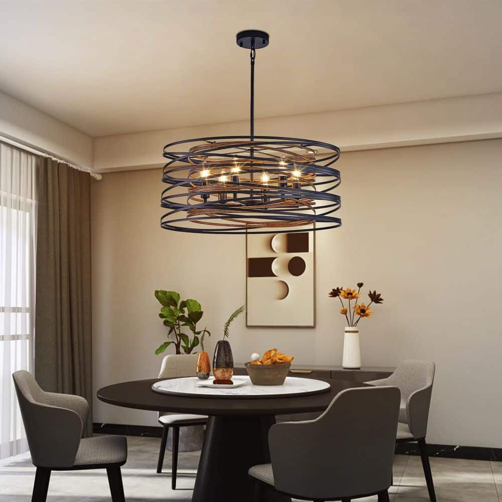 24 in. Rustic Industrial Pendant Light, 6-Light Black and Walnut Metal Cage Chandelier with Wood Accents (No Bulbs) price history on PriceWatchPro