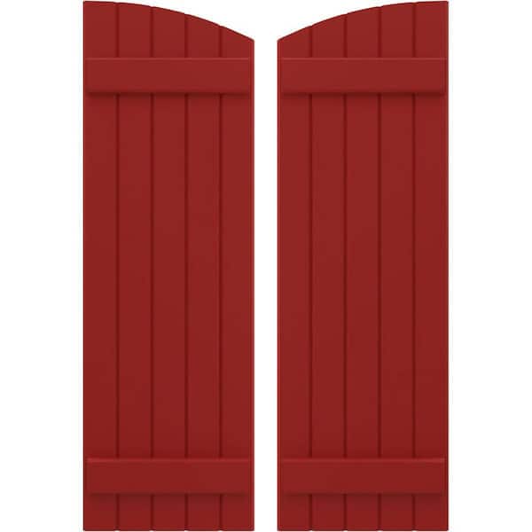 Ekena Millwork 17-1/2 in. W x 53 in. H Americraft Exterior Real Wood Joined Board and Batten Shutters with Elliptical Top in Fire Red