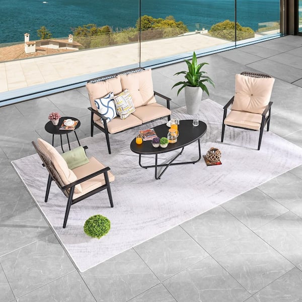 TOP HOME SPACE 5 of Pieces Metal Patio Conversation Set with Khaki Cushions