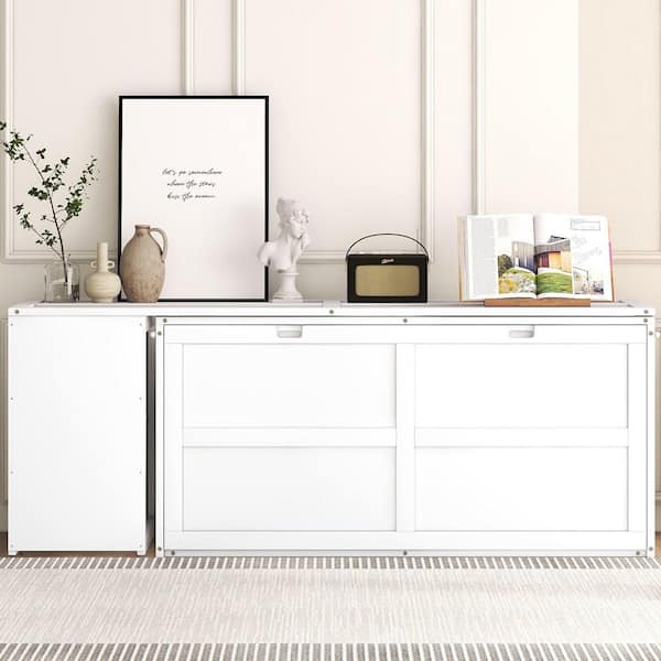 White Wood Frame Queen Size Murphy Bed with Rotable Desk