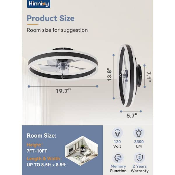 HINNIXY 20 in. Indoor LED Black Low Profile Ceiling Fan Flush