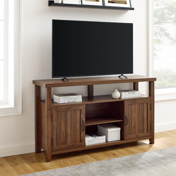 Welwick Designs 58 in. Dark Walnut Wood Transitional Farmhouse Grooved-Door TV Stand Fits TVs up to 65 in.