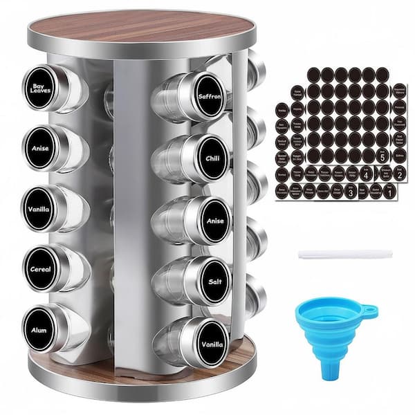 20-Shelf Stainless Steel Rotating Countertop Spice Rack Organizer with Glass Jars and Reusable Labels